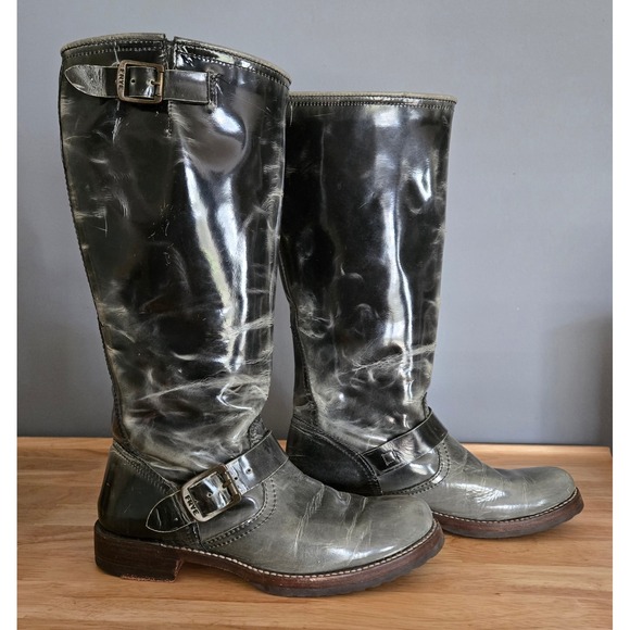 Frye Distressed Patent Leather Riding Boots Biker Knee High Buckles *READ DICS* - Picture 1 of 7